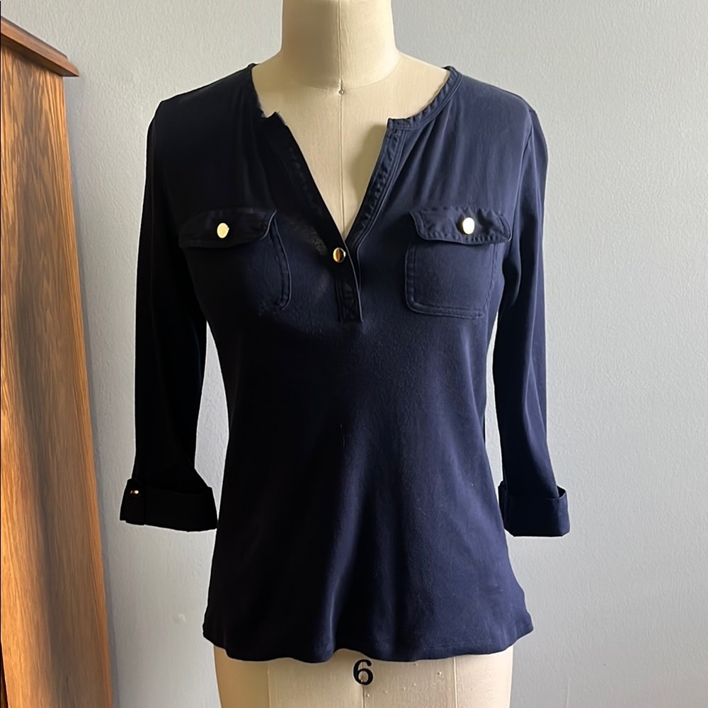 Charter Club Blue Polo Blouse Fitted Cuffed Sleeves